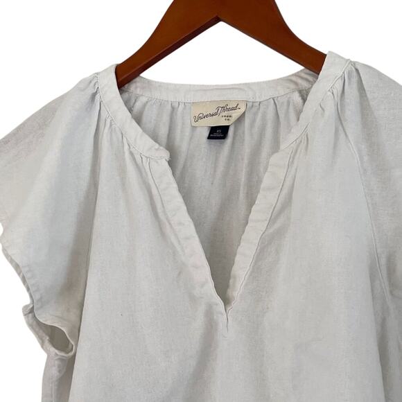 White Linen Blend Short Ruffle Sleeve V-Neck Blouse/Top, Size XS - Picture 2 of 11